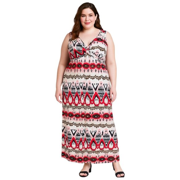 Boho Tribal Print Maxi Dress 14W Sleeveless V-Neck Belted Stretch Long Sundress - Picture 1 of 14